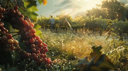 Primo piano grappoli d'uva maturi con vigneto al tramonto