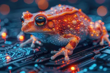 Fototapeten A frog is perched on top of a computer chip, showing a contrast between nature and technology. The frog seems curious as it examines the intricate details on the chip. © tilialucida