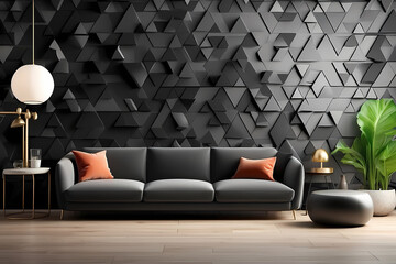 modern living room with semi-gloss wall  with triangular tiles, generative ai