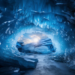 Ethereal Beauty of the Illuminated Ice Cave: A Spectrum of Blues, Ice, and Spikey Silhouettes