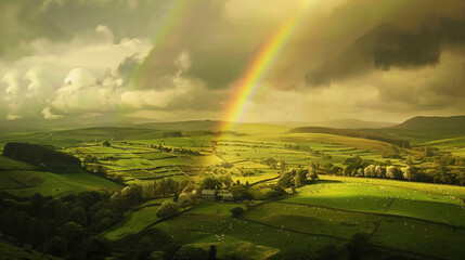 Spectacular Rainbow Above Green Hills and Mountain Landscape