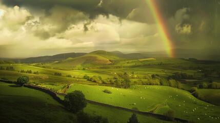 Colorful Rainbow Arching Over Lush Green Hills and Mountains