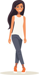 Young female walking casually, long hair, smiling, wearing white top, cropped trousers sneakers. Casual style happy young woman vector illustration