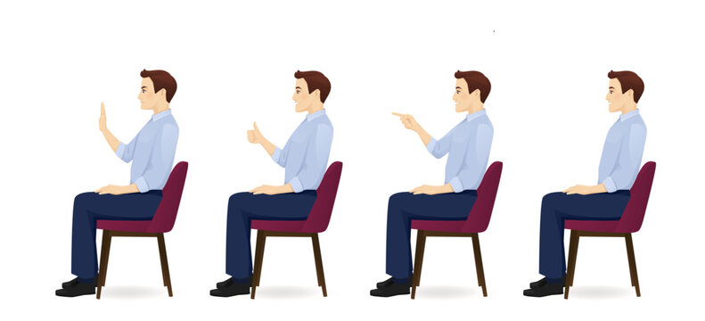 Young business man in blue shirt sitting in the chair side view different gestures set isolated vector illustration