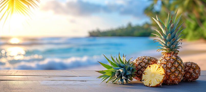 Pineapple on the tropical beach background, concept of exotic fruits and summer holidays 