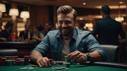A happy man winning poker in casino