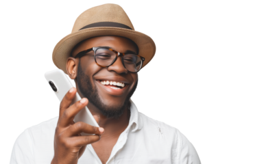 Portrait of a smiling african man using smartphone over transparent background