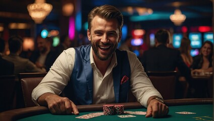 A happy man winning poker in casino