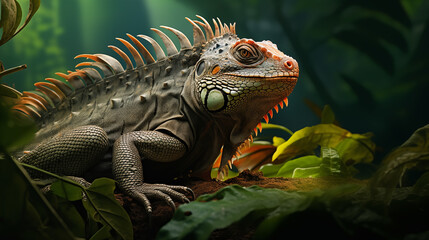 Rainforest Majesty: An Intimate Portrayal of a Wild Iguana in its Vibrant Tropical Habitat
