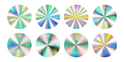 Set of holographic stickers. Circle shapes in y2k style with different gradients.