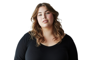 portrait of adorable beautiful young overweight European woman with loose hair and chubby cheeks isolated on transparent