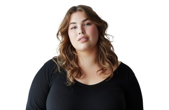 portrait of adorable beautiful young overweight European woman with loose hair and chubby cheeks isolated on transparent