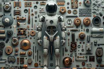 One robot surrounded by disassembled robot parts and details. Layout photography related to maintenance, repair, support, diagnostics.
