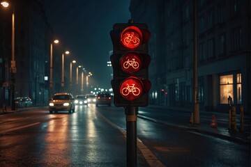 Bicycle stop red warning lamp sign on traffic light road highway driveway drive crossroad intersection evening dark time german city,Bike forward movement prohibited on semaphore signal city street - obrazy, fototapety, plakaty