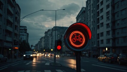 Bicycle stop red warning lamp sign on traffic light road highway driveway drive crossroad intersection evening dark time german city,Bike forward movement prohibited on semaphore signal city street - Powered by Adobe