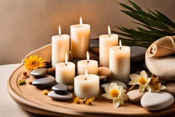 Obraz na płótnie Canvas candles and stones, Step into a world of relaxation and rejuvenation with a burning candle set against a tranquil beige background, accompanied by smooth stones and delicate dry flowers