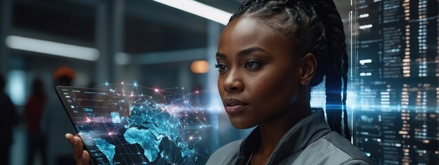 Black woman with tablet, erp data overlay and innovation, research and programming in future information technology, Futuristic network, analytics and developer for startup business website software - obrazy, fototapety, plakaty