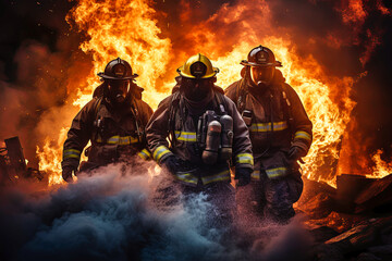 Group of Firefighters Standing in Front of Fire - obrazy, fototapety, plakaty
