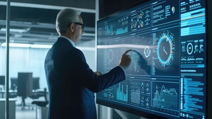 A senior data analyst focuses on interpreting complex data visualizations displayed on high-tech digital screens. AIG41