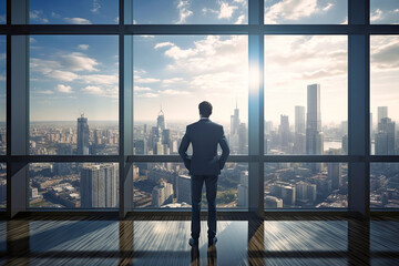 Man Standing in Front of Window, Looking Out at City - obrazy, fototapety, plakaty