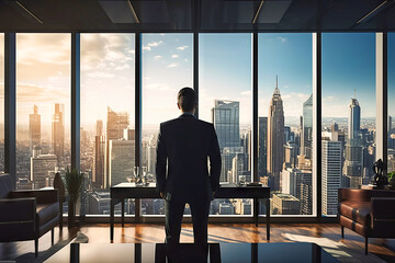 Man Standing in Front of Window, Looking Out at City - obrazy, fototapety, plakaty