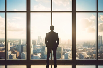 Man Standing in Front of Window, Looking Out at City