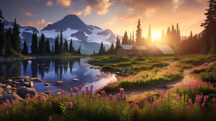 Golden Hour Serenity: An Idyllic Wilderness Landscape Juxtaposed with the Tranquility of Twilight - obrazy, fototapety, plakaty