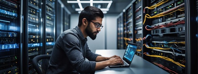 Computer engineer working on laptop computer with server room, data center, big data storage as backgrounds, digital technology, database, IT support, telecommunication concept