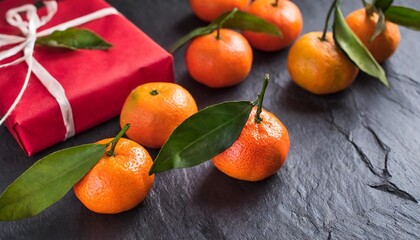 mandarines with leaves and red wrapping paper on a black stone background - obrazy, fototapety, plakaty