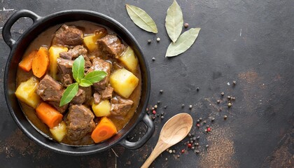 beef meat stew with potatoes carrot and delicious gravy in black casserole pot with bay leaves with spoon on black dark rustic concrete background from above