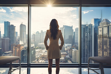 Woman Standing in Front of Window, Looking Out at City - obrazy, fototapety, plakaty