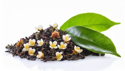tea seeds flowers leaves on white background