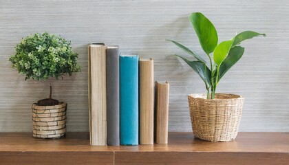 wood shelf multipurpose such as book vase flowerpot isolated on transparent background for home interior design in minimalist style