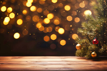 Fototapeta na wymiar Wooden Table With Christmas Tree