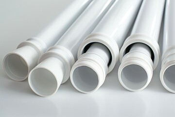 Fototapeta premium White plastic plumbing pipes and fittings for sanitary sewer systems, arranged neatly