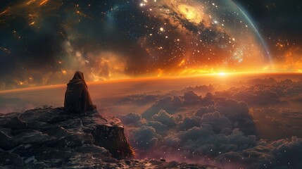 Mystical Cosmic Vista: Figure Overlooking Galaxy