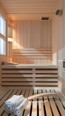 Fototapeta na wymiar A wooden sauna with towels on the floor.