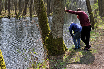 Fototapeta na wymiar Two men on the bank of a small forest river are looking at fish