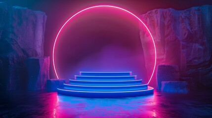 Fototapeta na wymiar Neon minimalistic podium for the exhibition stand