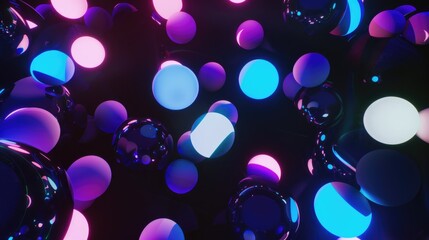 A bunch of bubbles glowing in the dark, emitting a neon light. The bubbles are spherical and minimalist in design, creating a visually striking scene.