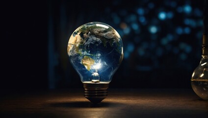 Earth in Lightbulb glowing among shutdown light bulb in dark area with copy space for creative thinking - obrazy, fototapety, plakaty