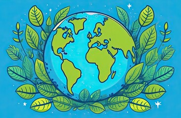 Fototapeta na wymiar Planet Earth illustration, cartoon, water planet earth, living planet. Save the Planet Concept. Happy Earth Day.