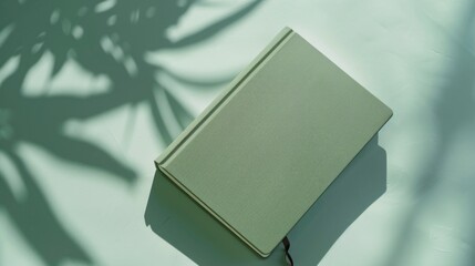 A book is placed on top of a table next to a green plant. The setting is simple and straightforward, with the book and plant as the main subjects. Green notebook or book cover mockup.