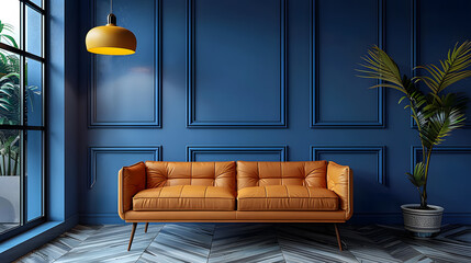 mid century interior blue living room, Luxury sofa with lamp in living room on dark blue wall background ,