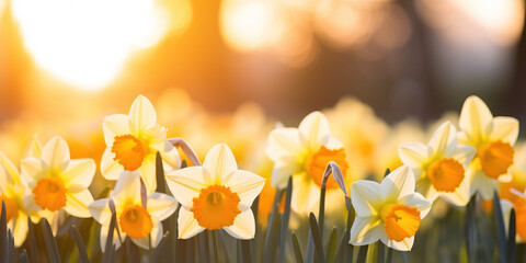 Vibrant Yellow Daffodils Against a blurry Background. Springtime Bloom and Floral Beauty Concept