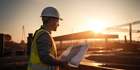 An engineer in a reflective vest and hard hat reviews architectural plans on a construction site, with the golden light of the setting sun in the background