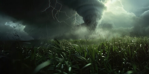 A violent backlit tornado in a grassland, a tortuous tornado and dark scenery, sinister atmosphere