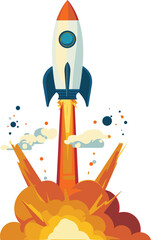 Cartoon rocket launching fire smoke. Space exploration, startup launch concept. Retro spaceship taking off, adventure vector illustration