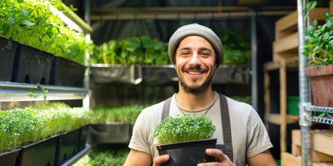 Happy male urban farmer holding pots of microgreens in a sustainable indoor garden
