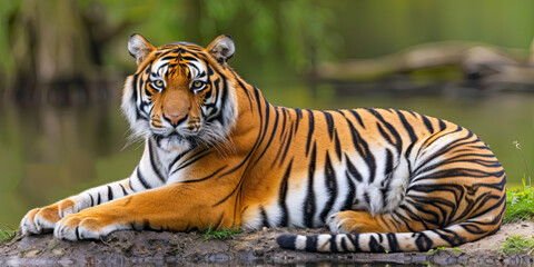 Portrait of a tiger, sitting on the grass